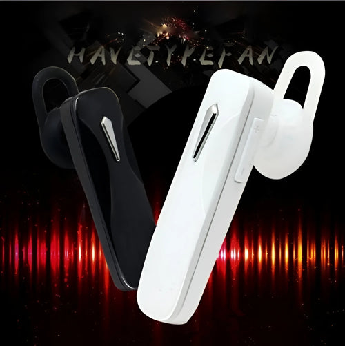 Black and white M163 Bluetooth car headset for hands-free calling and music control.