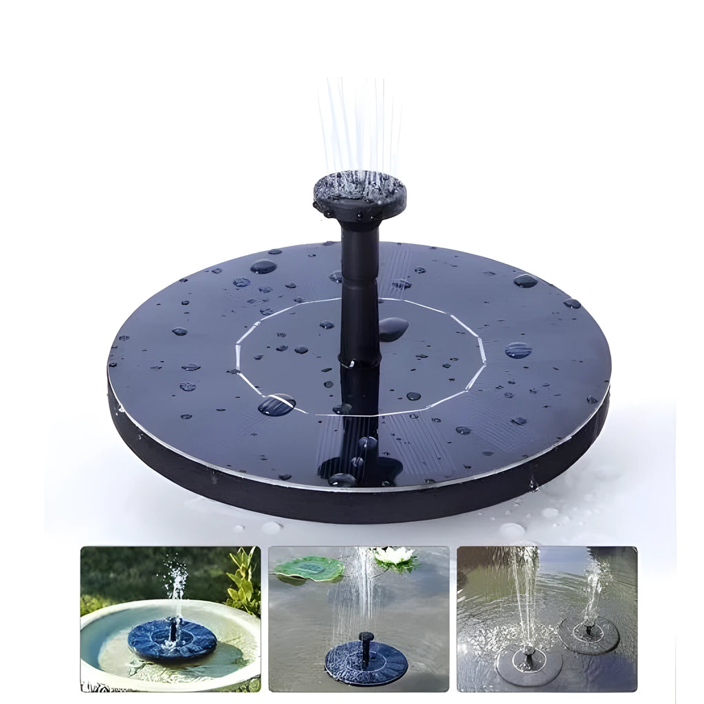 Black solar-powered floating fountain pump with four spray nozzles on a solar panel for garden ponds