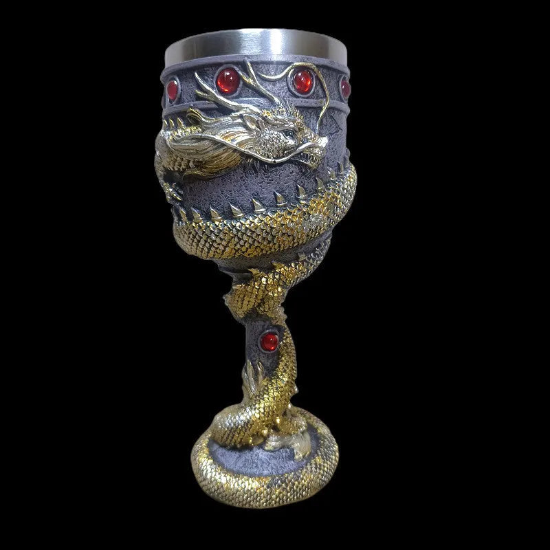 Red wine glass with 3D Chinese dragon design on resin base and stainless steel stem.