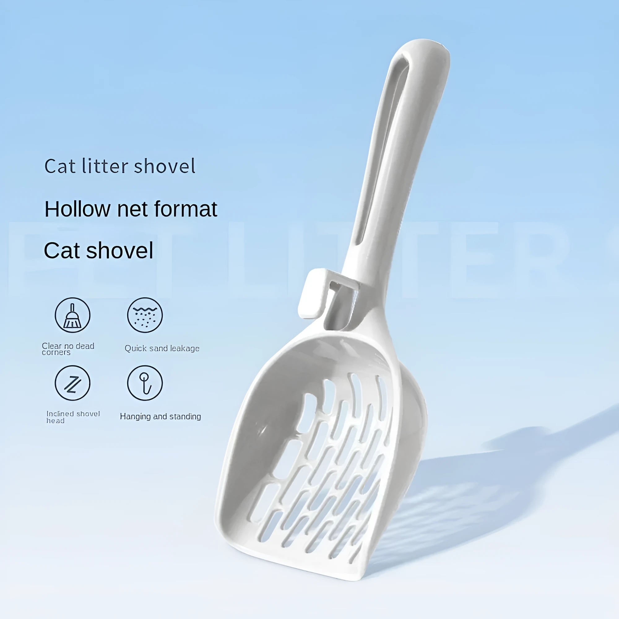 Grey plastic cat litter scoop with storage base showing perforated strainer design