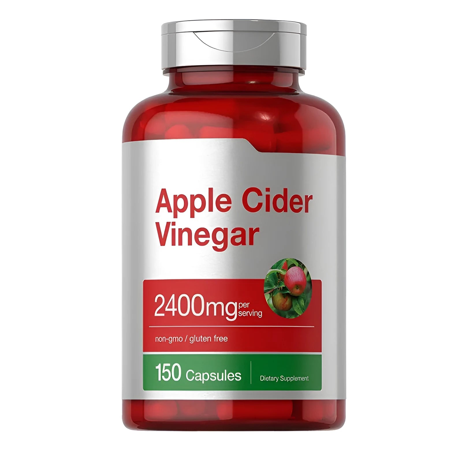 Bottle of 150 apple cider vinegar health supplement capsules on a white background.