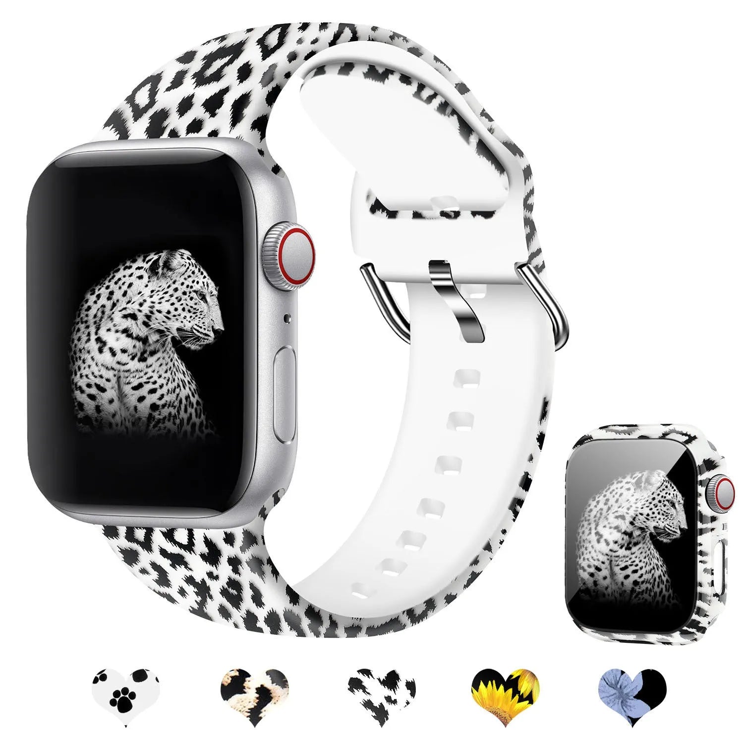 Printed silicone watch strap for Apple Watch showing multiple colourful pattern options.
