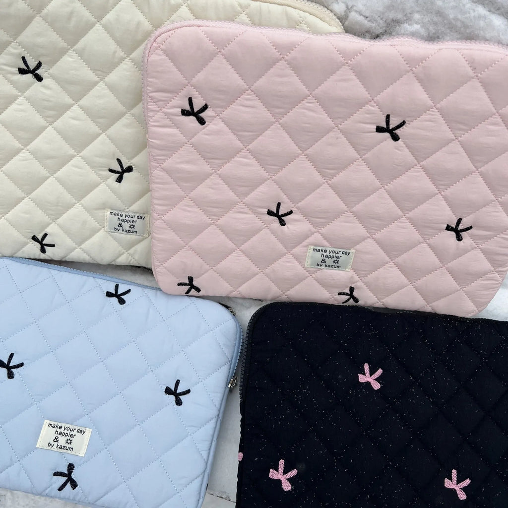 Notebook storage bag with rhombus embroidery and bow decoration in nylon fabric