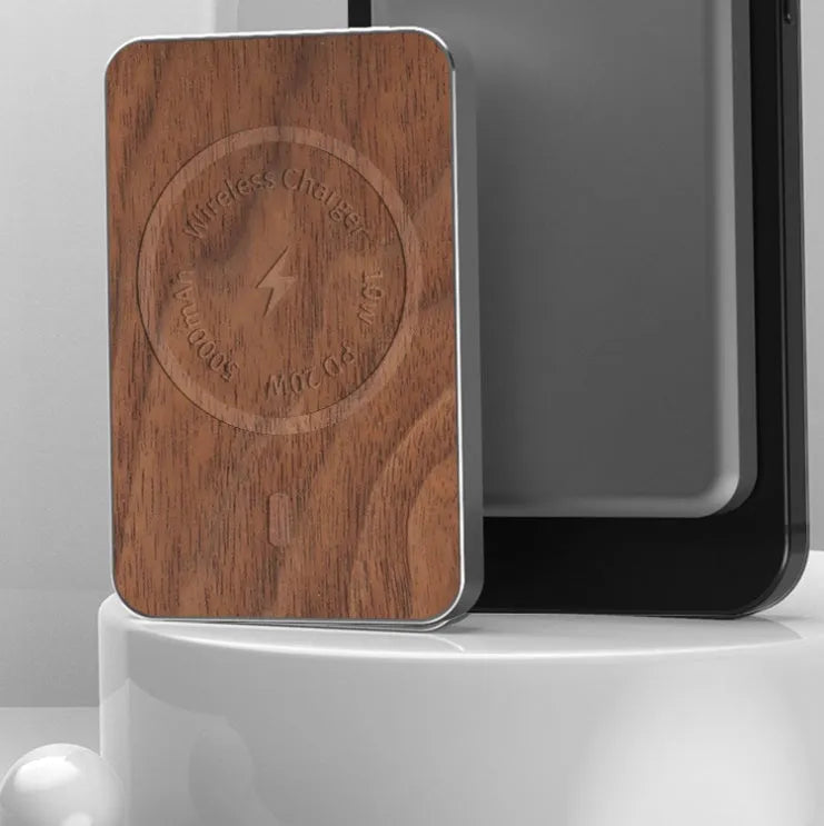 Khaki alloy magnetic wireless charging bank showing compact rectangular design with USB port