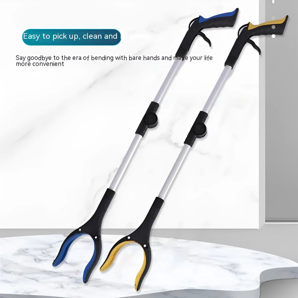 Folding silver and blue trash pick-up tool shown extended and collapsed, with magnet on clamp head.