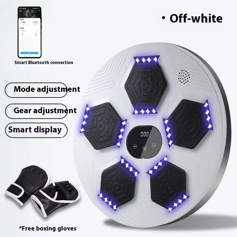 Smart wall-mounted boxing reaction target with LED lights on a grey PU surface.