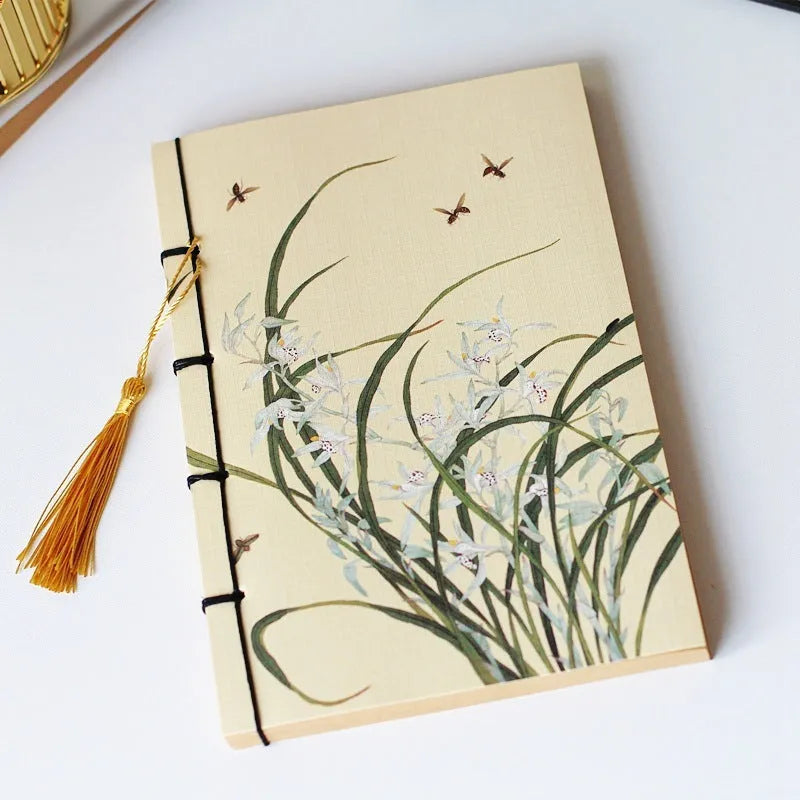 A5 antique wire-bound notebook with retro Chinese painting design on glossy embossed cover