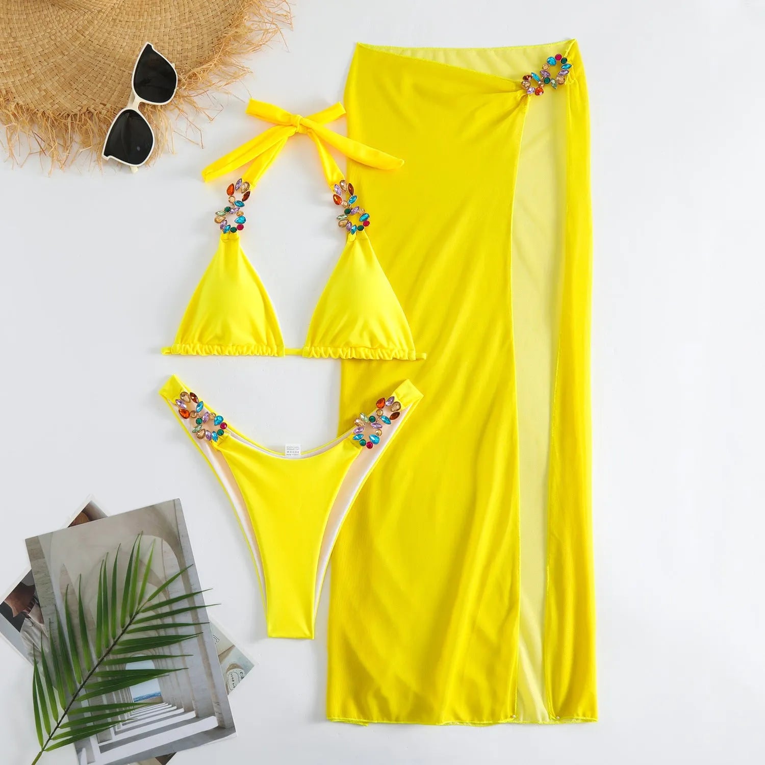 Three piece swimsuit bikini set with mesh skirt in rose red or yellow colour