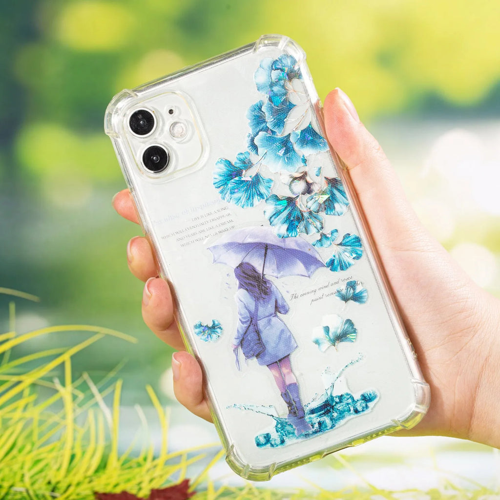 Six rolls of nature-themed decorative stickers showing gentle ginkgo, maple leaf, and blue fallen leaves designs.