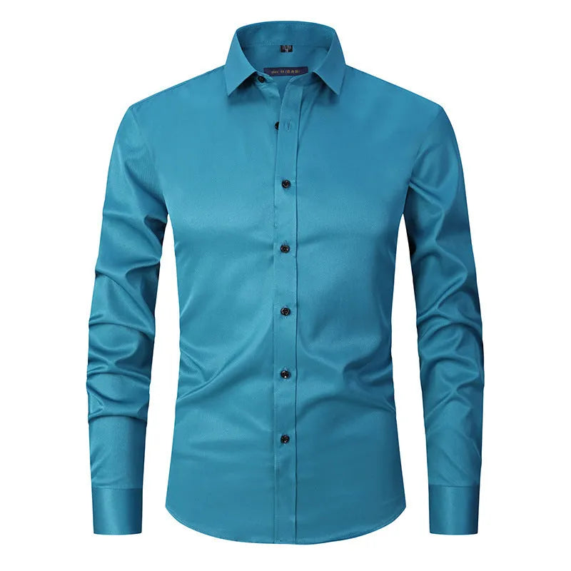 Man wearing a stretch long sleeve polyester work shirt in a neutral colour.