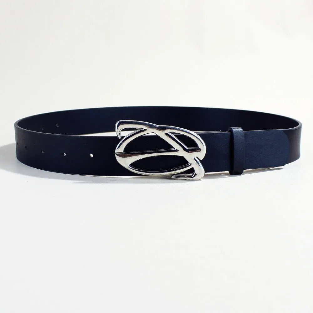 Casual silver buckle belt with PU leather strap in 105cm length and 3.3cm width