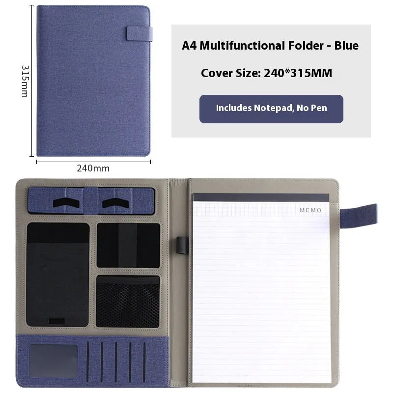 Leather A4 business folder in black with optional pen and notepad accessories