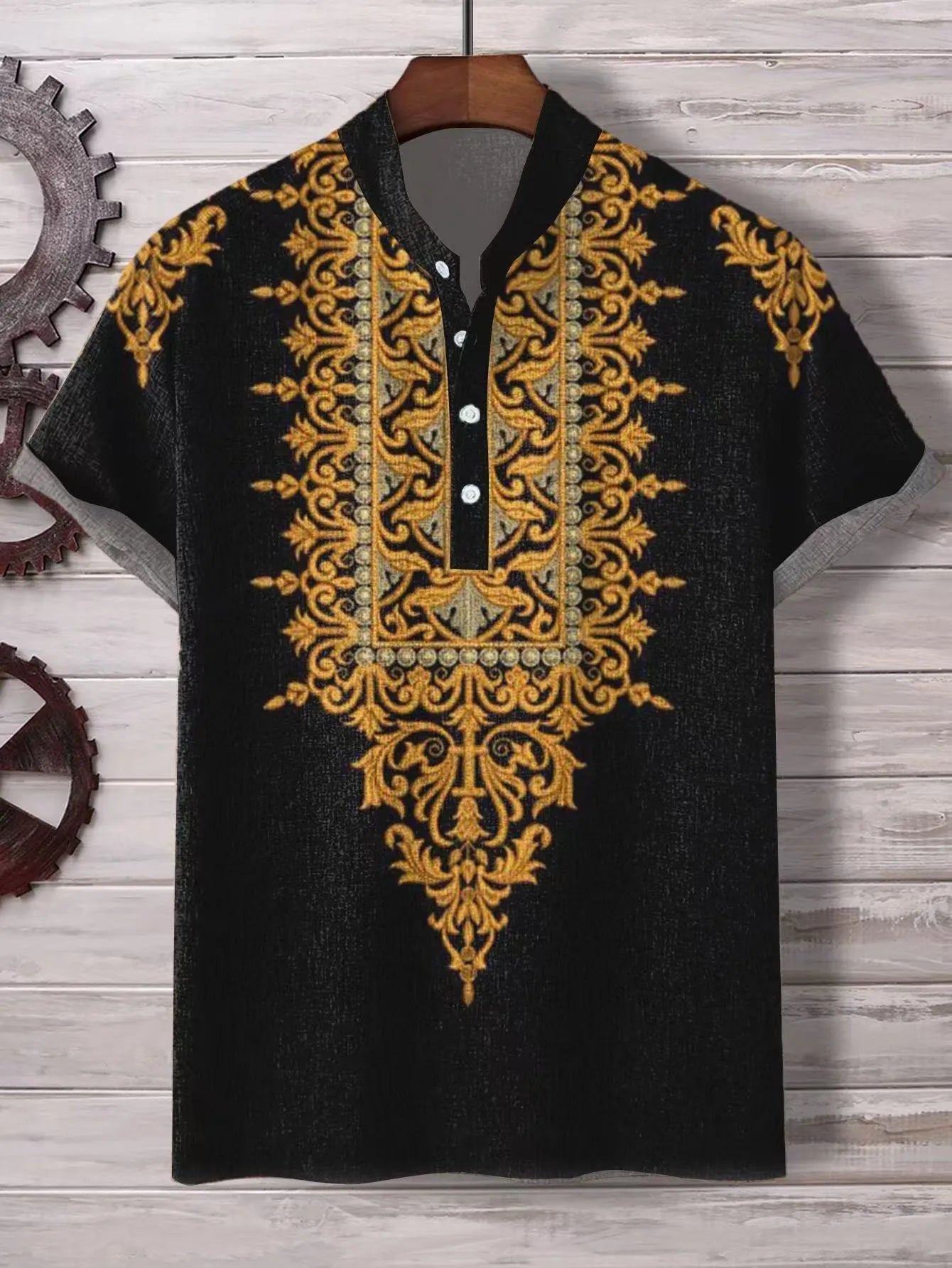 Men's striped loose-fit casual shirt on a hanger, showing button front and sleeve detail.