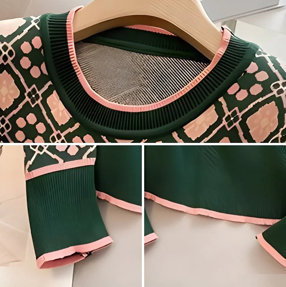 Women's green printed loose fit sweater with regular sleeves for casual commuting wear
