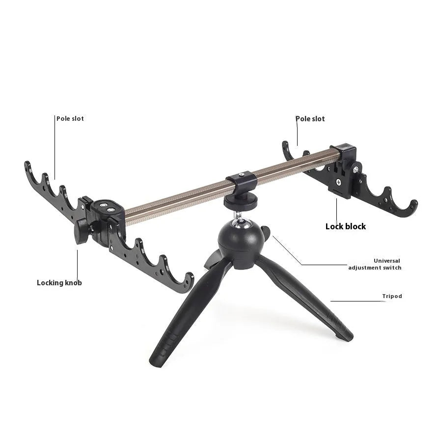 Aluminium alloy triangular ice fishing rod holder bracket supporting a small fishing rod on ice