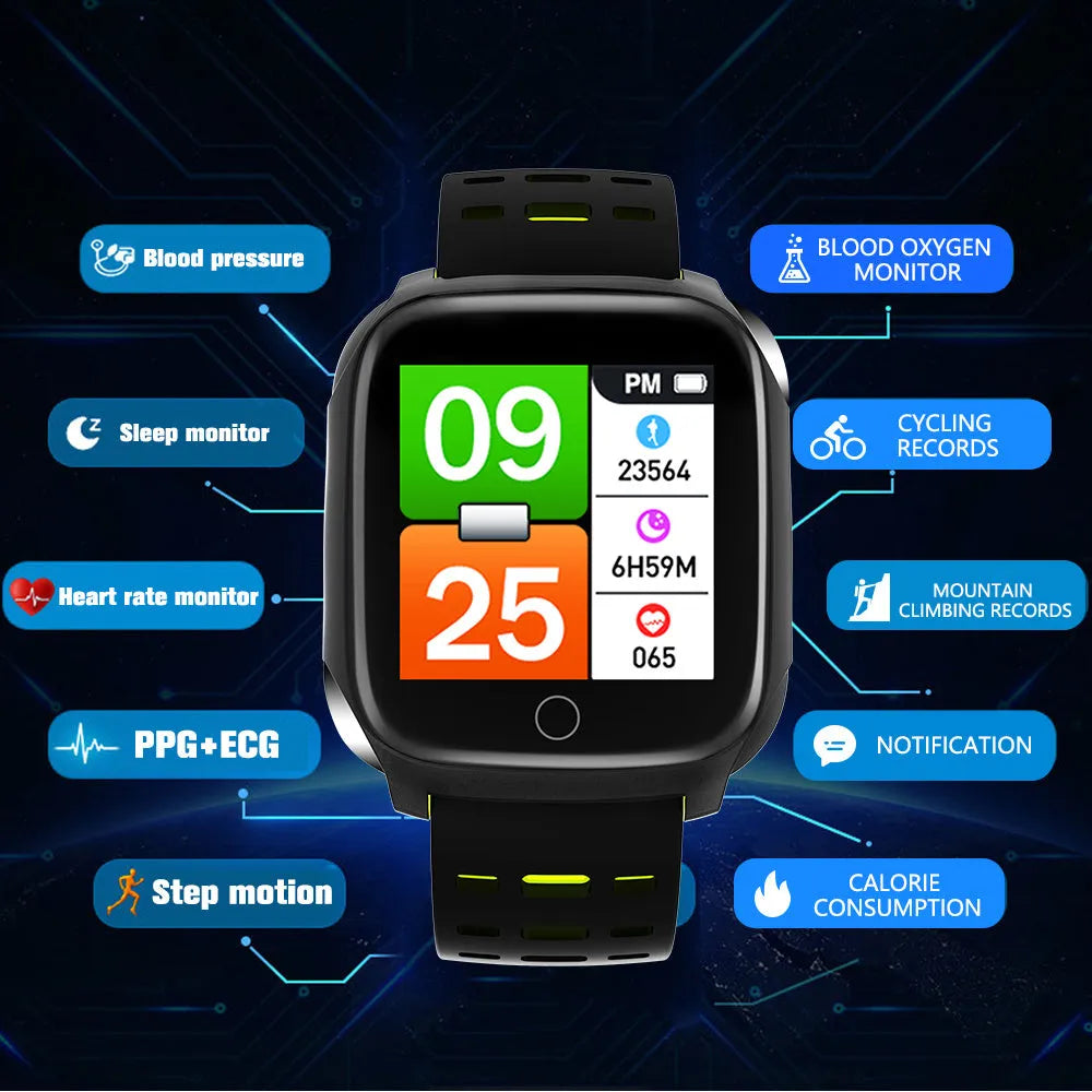 F16 smart watch with ECG, blood pressure, and heart rate monitoring on a silicone wristband.