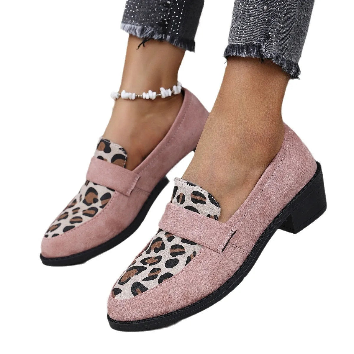 Leopard print slip-on suede shoes with chunky rubber sole and pointed toe design