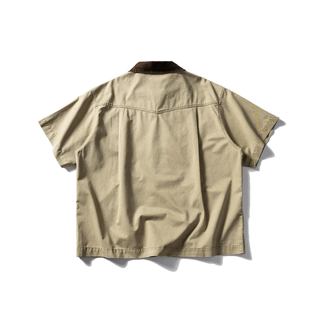Men's khaki washed cotton overalls shirt with short sleeves in loose cardigan style