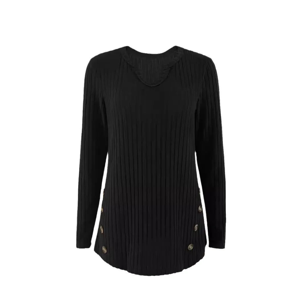 Men's black button front knitted sweater with regular sleeves, solid colour casual pullover