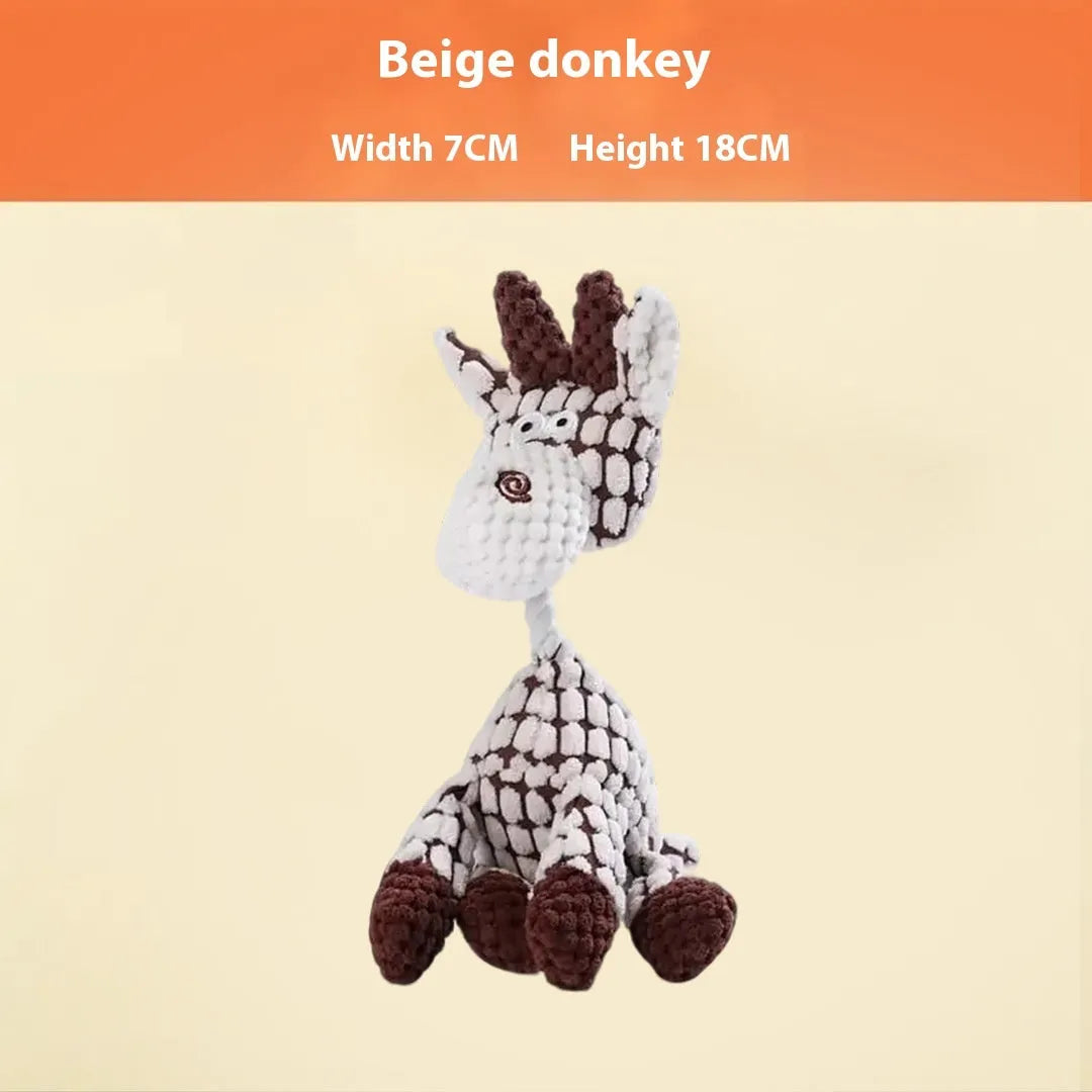 Bite-resistant puppy plush toy collection showing rechargeable duck, donkey, elephant, and dog styles