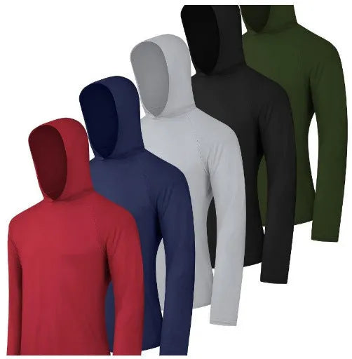 Men's lightweight hoodie four-pack in elastic polyester fibre showing colour options and hooded styles