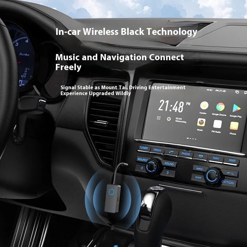 Black Bluetooth 5.4 audio adapter with a 3.5mm plug for transmitting and receiving wireless sound.