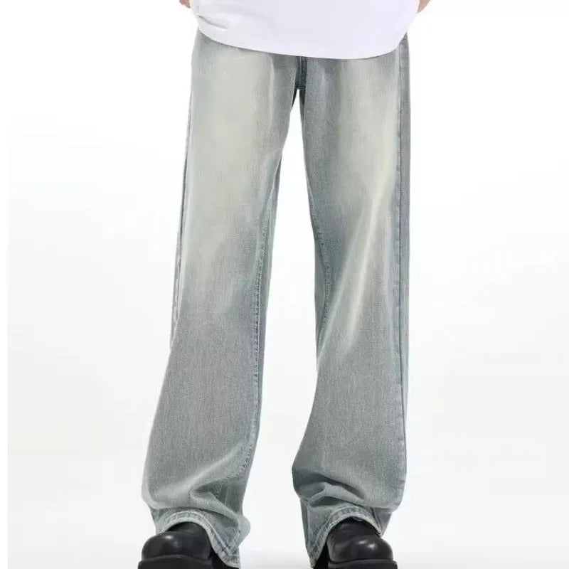 Blue men's loose retro casual trousers made from high-elasticity rabbit fur fabric.