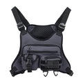 Men's outdoor chest bag in oxford cloth with sewing line details, shown in black, blue, and grey.