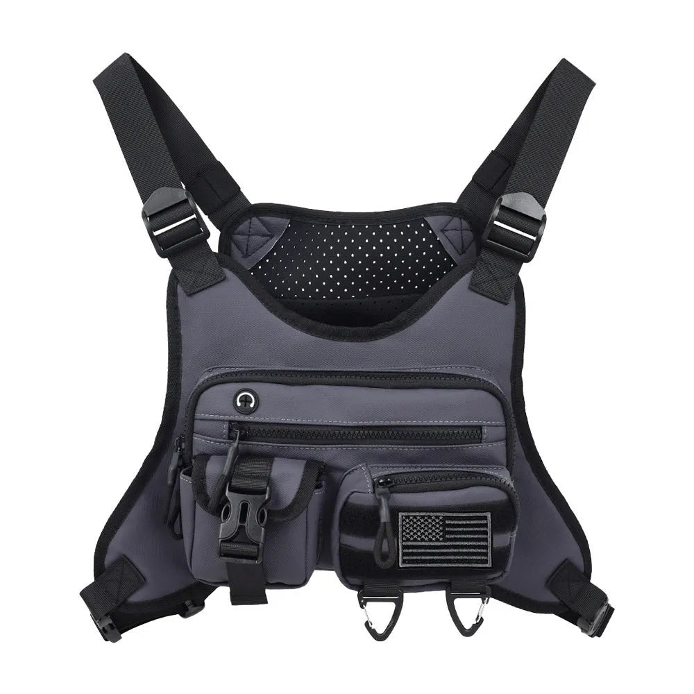 Men's outdoor chest bag in oxford cloth with sewing line details, shown in black, blue, and grey.