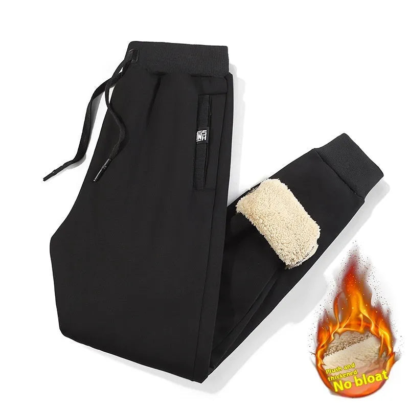Men's grey fleece-lined cotton track pants with straight-leg styling and micro-elastic waistband