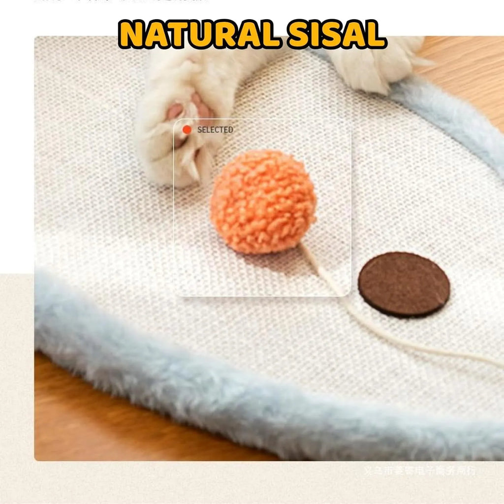 White cat scratching mat with natural sisal surface and cartoon sleeping cat design, wall-mounted