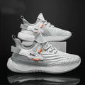 Men's white casual sneakers with woven mesh upper, platform rubber sole, and front lace-up closure.