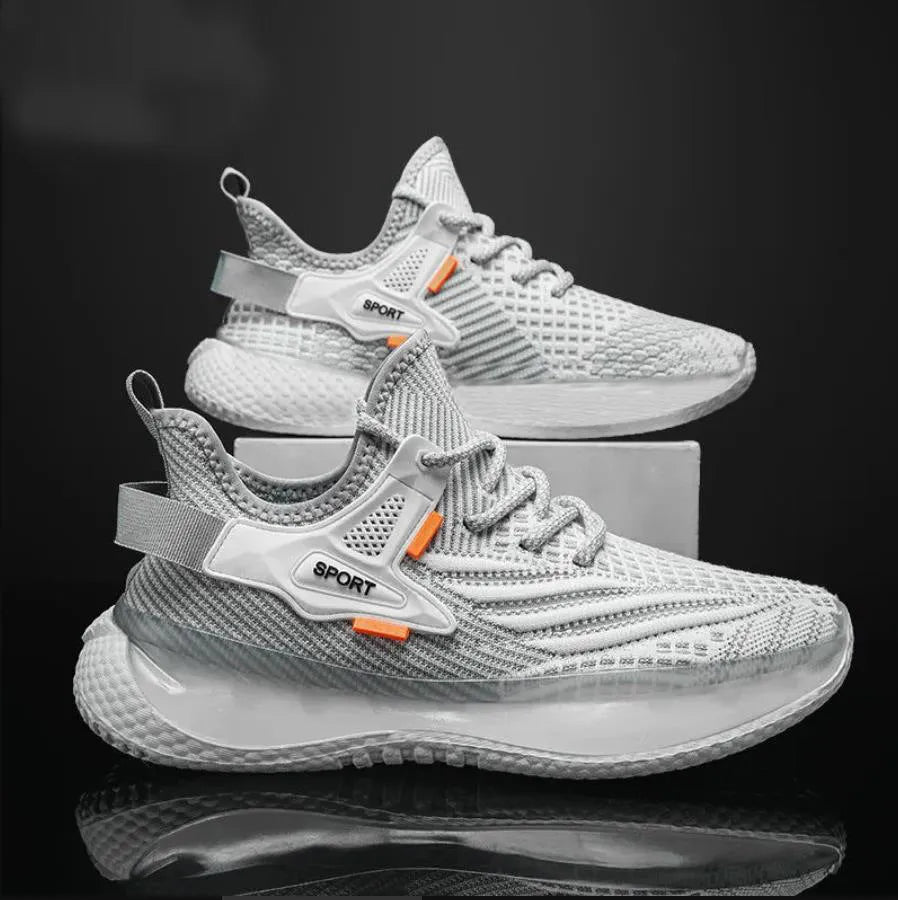 Men's white casual sneakers with woven mesh upper, platform rubber sole, and front lace-up closure.