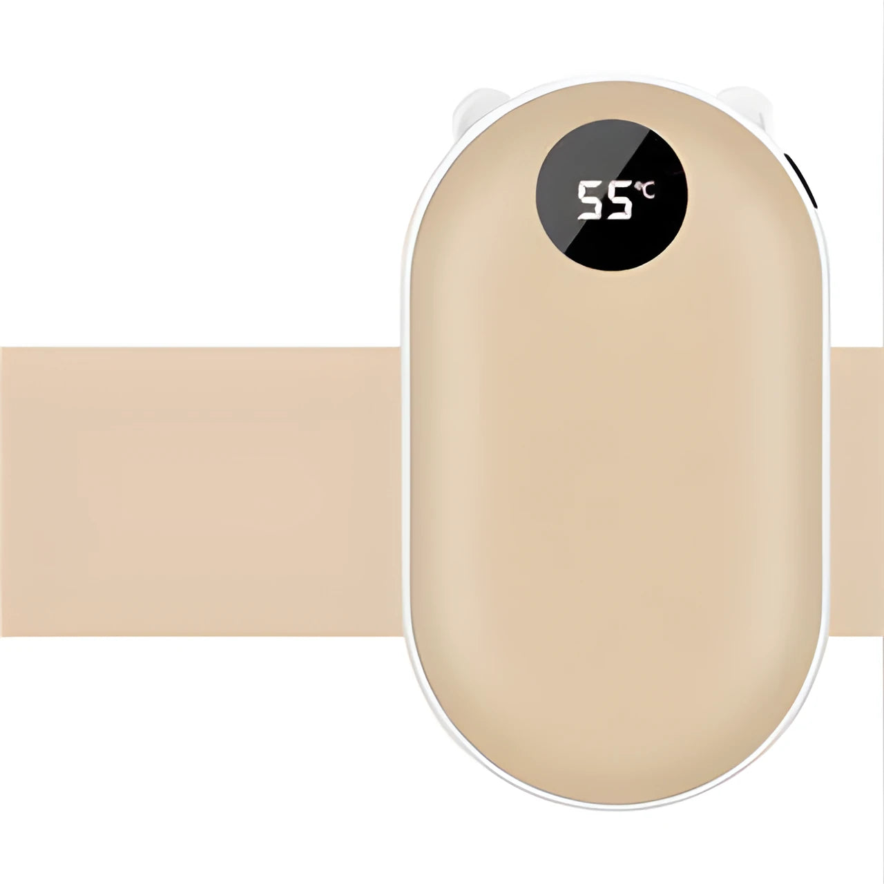 Compact rose gold USB rechargeable hand warmer and power bank with digital display on a wooden table.