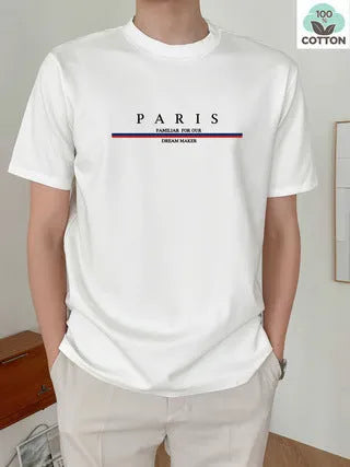 Heavyweight men's short-sleeve t-shirt with large letter print in apricot colour, showing loose fit.