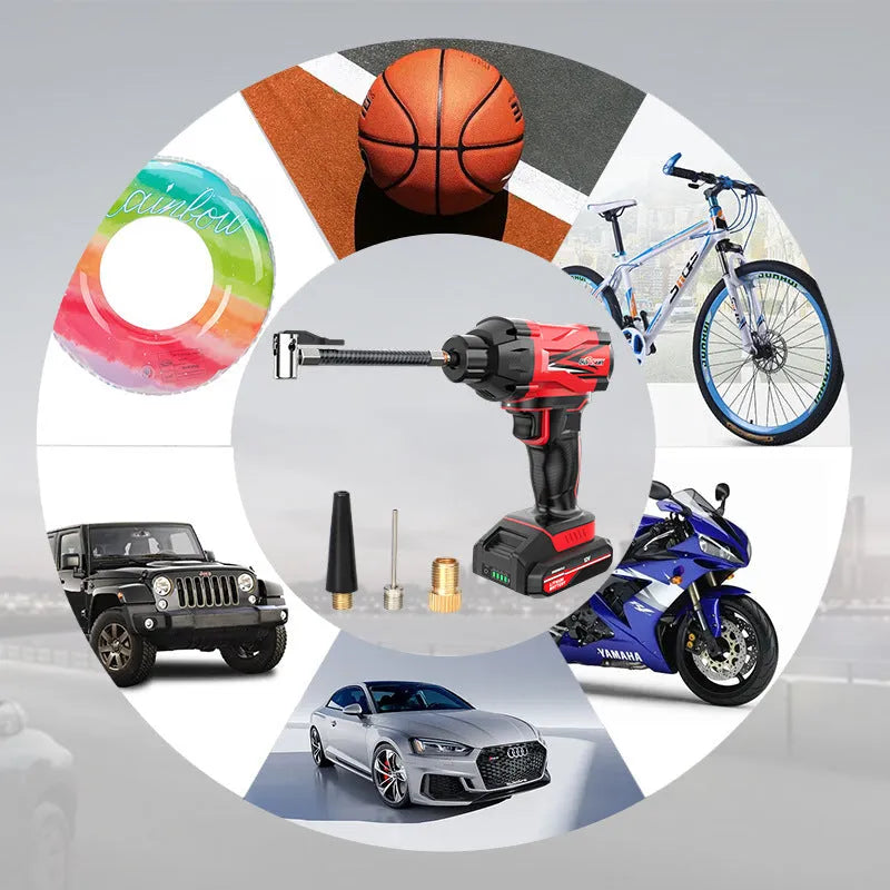 Red and black portable car tyre inflator unit with power cable and nozzles for tyres, balls and swimming rings