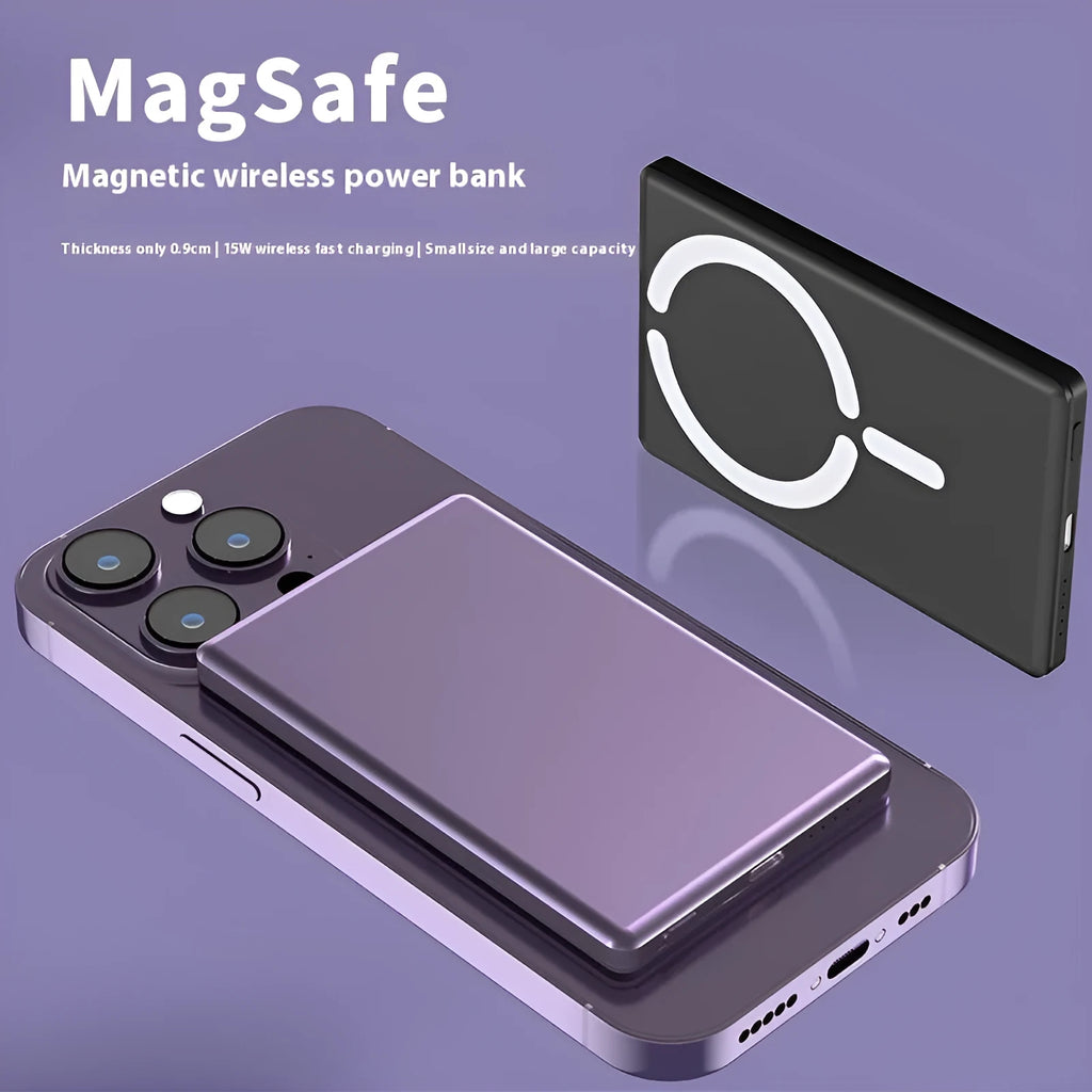 Ultra-thin magnetic power bank in dark grey, silver, black, or violet colours with compact 105x66x9mm dimensions