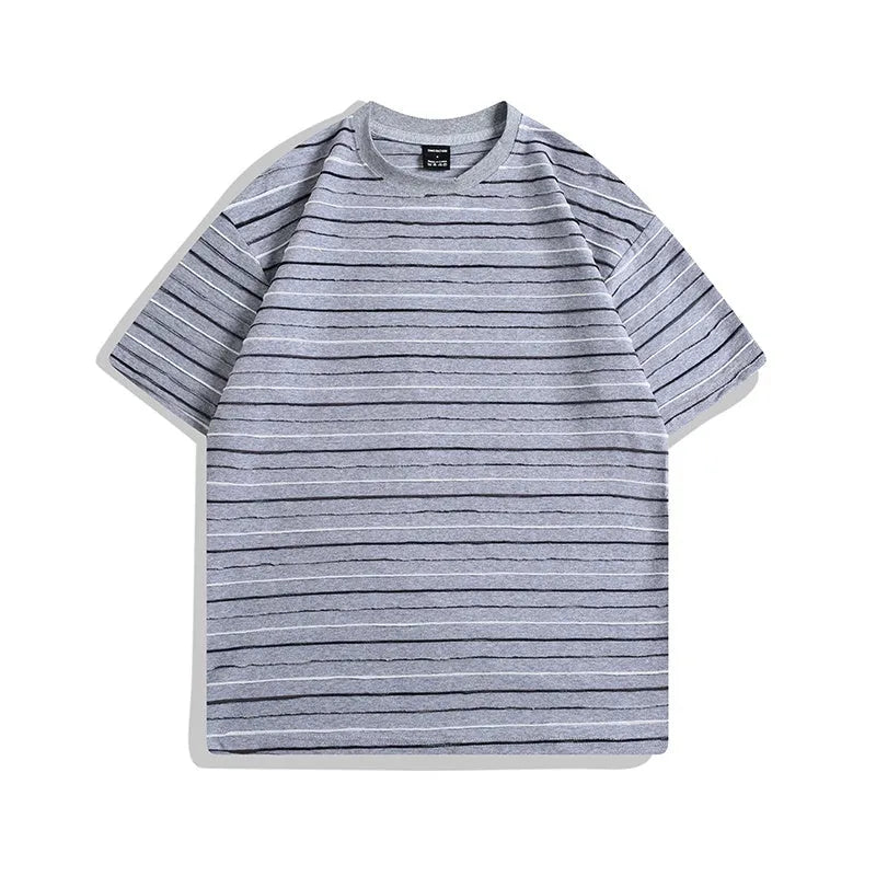 Loose fit striped half sleeve t-shirt for couples in apricot, black, grey, pink, and yellow colours.