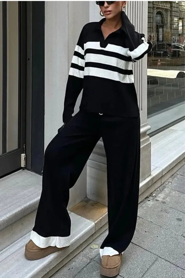 Women's black and white striped polo collar knitted two-piece set with matching trousers