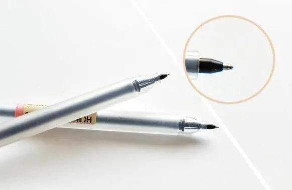 Muji 12-piece gel pen set with 0.5mm fine nibs showing blue ink demonstration