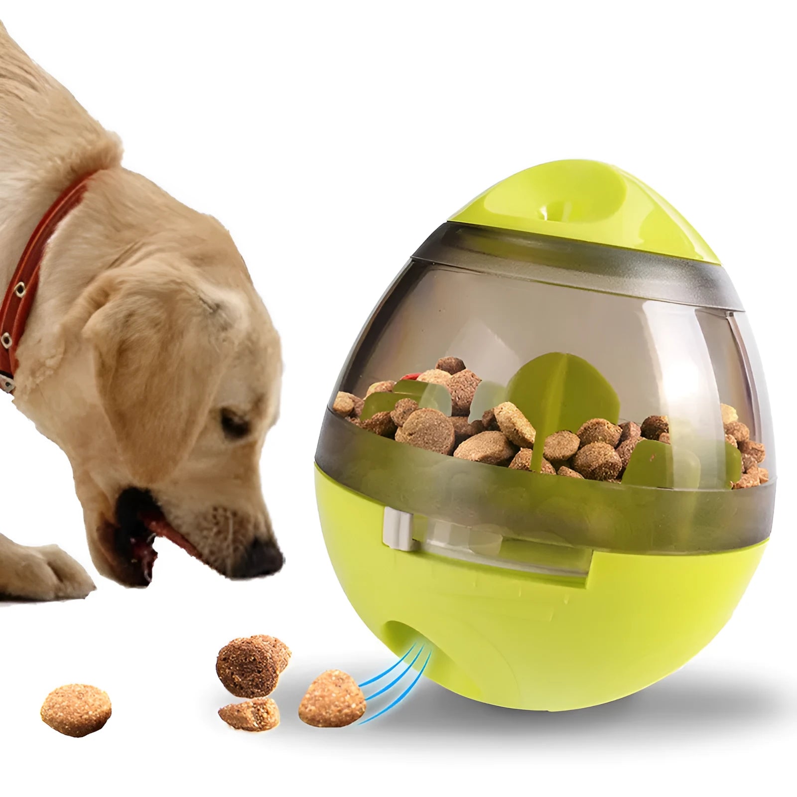 Green pet food feeder dispenser treat ball with tumbler design, 100x117mm, for dogs and cats