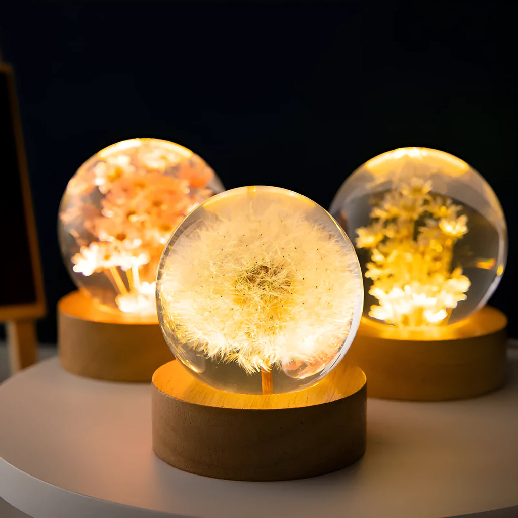 3D dandelion crystal ball night light on beech wood stand, USB powered desktop ornament