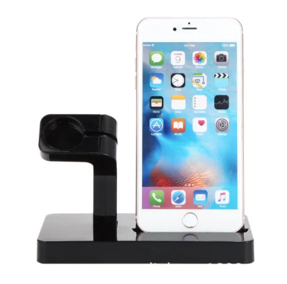 White 2-in-1 charging dock station holding iPhone and Apple Watch with cable management cutout
