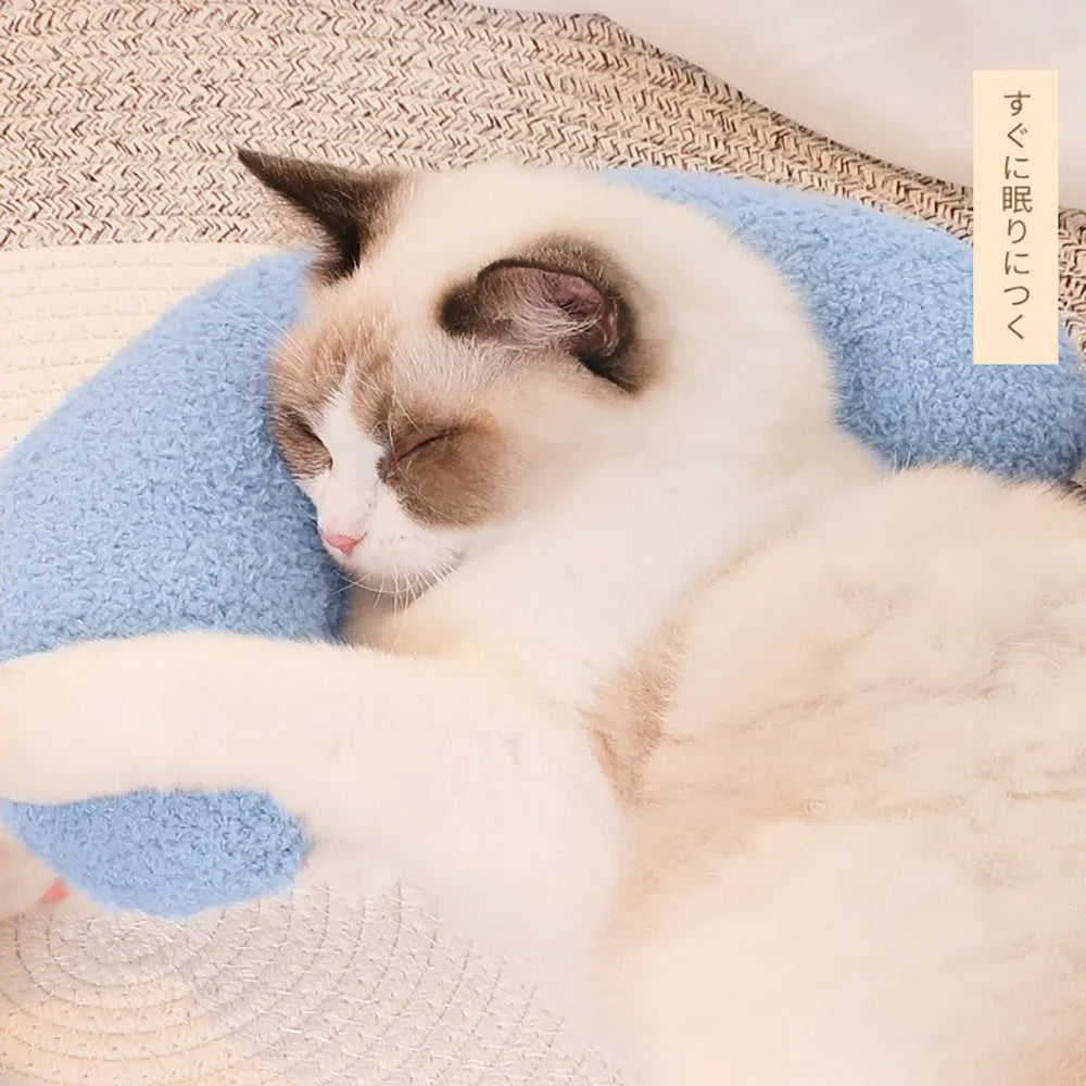 U-shaped cat pillow with adjustable collar in blue colour on blanket
