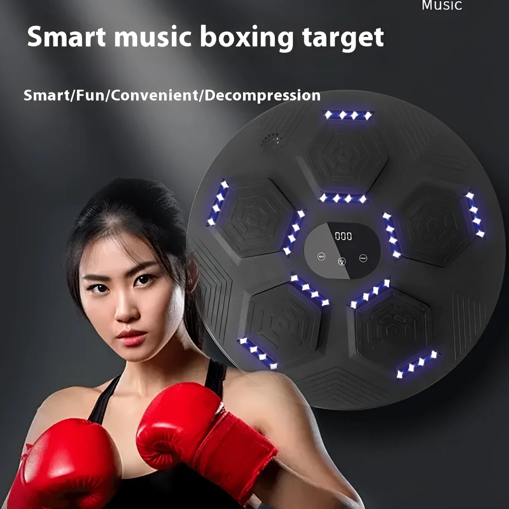 Smart wall-mounted boxing reaction target with LED lights on a grey PU surface.