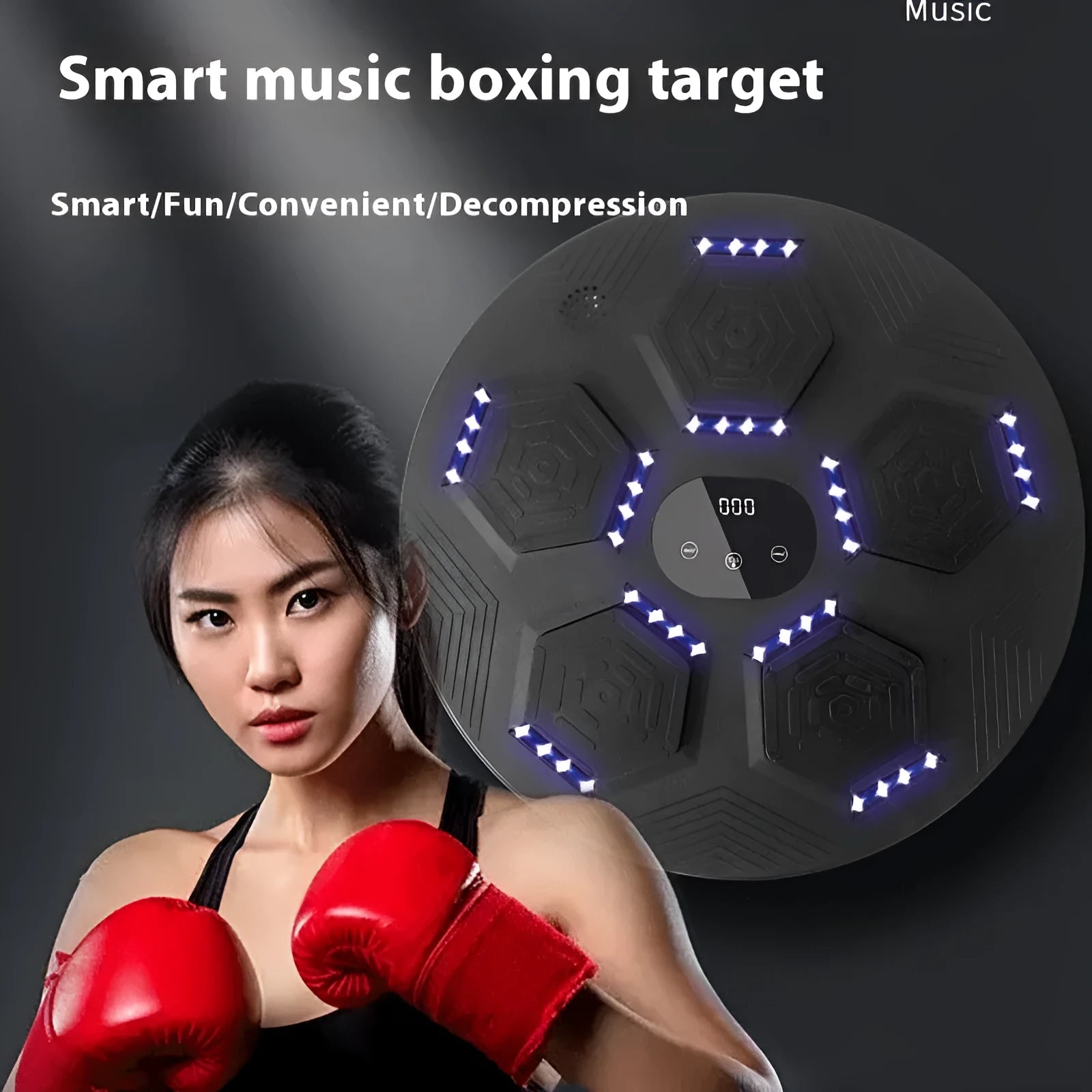 Smart wall-mounted boxing reaction target with LED lights on a grey PU surface.