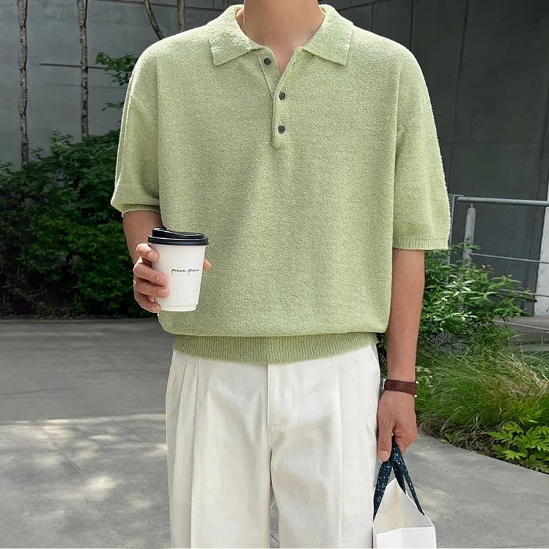 Retro knitted polo shirt for men in caramel colour with asymmetric design and short sleeves