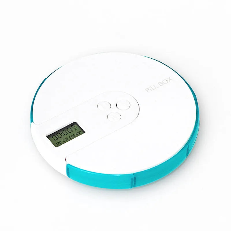Seven-compartment alarm clock pill dispenser showing front display and storage slots.