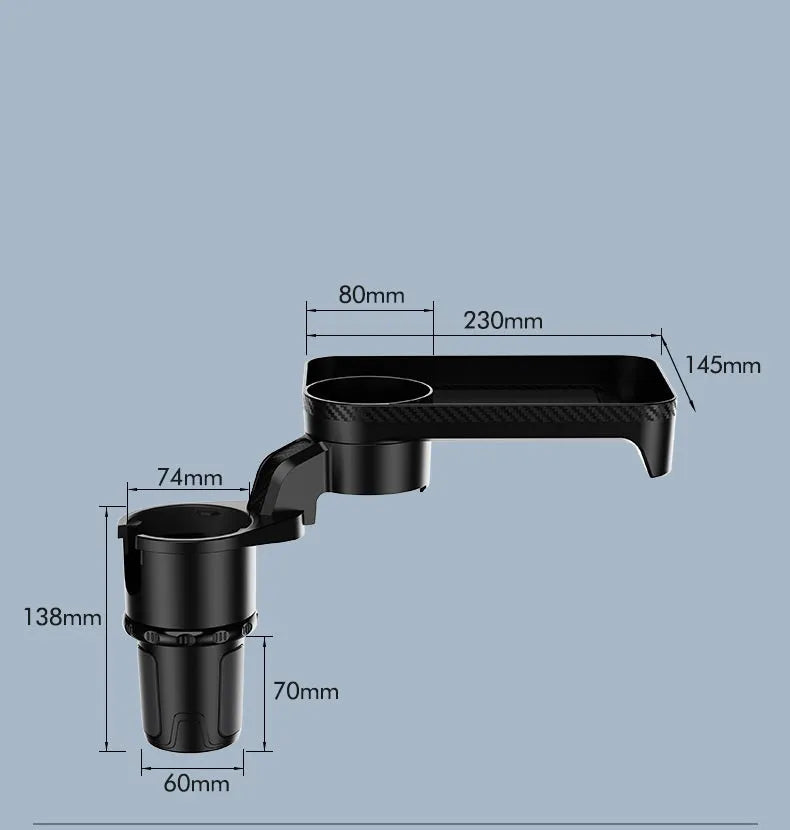 Black ABS plastic 360-degree rotating car dinner tray holder mounted in a vehicle cup holder.