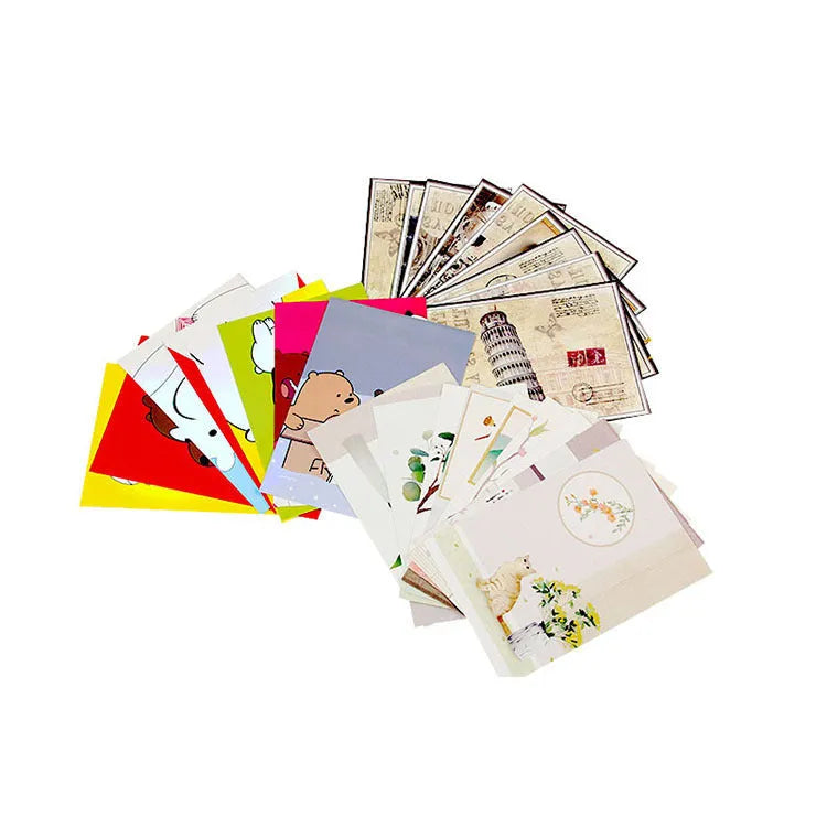 Japanese style postcard set with minimalist cartoon designs of retro Paris towers and historic sites